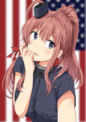 Rule 34 | 1girl, absurdres, american flag, anchor, black dress, blue eyes, blurry, breast pocket, brown hair, depth of field, dress, hair between eyes, hair ornament, highres, kantai collection, looking at viewer, neckerchief, pocket, ponytail, red neckerchief, saratoga (kancolle), side ponytail, sidelocks, smokestack, solo, upper body, yinzhai