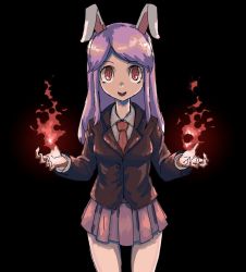 Rule 34 | 1girl, animal ears, black background, black jacket, commentary, cookie (touhou), cowboy shot, fire, highres, hisui (cookie), jacket, long hair, looking at viewer, magic, necktie, nob1109, open mouth, pink skirt, pleated skirt, purple hair, pyrokinesis, rabbit ears, red eyes, red necktie, reisen udongein inaba, shirt, simple background, skirt, solo, swept bangs, touhou, white shirt