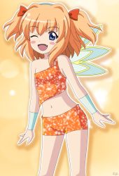 Rule 34 | 1girl, artist name, bare shoulders, blue eyes, blue wristband, blush, bow, eyes visible through hair, fairy wings, hair between eyes, hair bow, highres, looking at viewer, one eye closed, open mouth, orange hair, orange shirt, orange shorts, parody, ponytail, red bow, remyfive, shirt, short hair, short twintails, shorts, signature, simple background, sleeveless, smile, solo, sparkle, sparkle print, standing, stomach, sunny milk, t-shirt, teeth, tongue, touhou, twintails, wings, winx club, wristband, yellow background