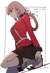 Rule 34 | 1girl, absurdres, black skirt, boots, braid, closed mouth, commentary request, fate/grand order, fate (series), florence nightingale (fate), galbi (iouytuuyio), gloves, highres, jacket, kneeling, military, military uniform, pantyhose, pink hair, pleated skirt, red eyes, red jacket, sidelocks, single braid, sitting, skirt, strap, uniform, white gloves