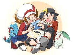 Rule 34 | 1boy, 1girl, backwards hat, baseball cap, black hair, black pants, blue overalls, blush, bow, brown eyes, brown hair, cabbie hat, chikorita, commentary request, creatures (company), cyndaquil, egg, ethan (pokemon), eye contact, eyelashes, game freak, gen 2 pokemon, handheld game console, hat, hat bow, holding, holding handheld game console, jacket, kneeling, long hair, looking at another, lyra (pokemon), nagi (exsit00), nintendo, nintendo ds lite, one eye closed, open mouth, overalls, pants, pokemon, pokemon (creature), pokemon egg, pokemon hgss, red bow, red footwear, red jacket, red shirt, shirt, shoes, starter pokemon trio, thighhighs, togepi egg, tongue, totodile, twintails, white footwear, white headwear, white thighhighs
