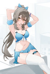 1girl absurdres alternate_costume alternate_hairstyle arm_up armpits blue_bow blue_shirt blue_skirt blush bow breasts cleavage collarbone feet_out_of_frame grey_hair hair_between_eyes hair_bow hair_ornament hair_tie_in_mouth hairclip halterneck hand_up highres honkai:_star_rail honkai_(series) lao_xi large_breasts long_hair looking_at_viewer mouth_hold navel ponytail shirt sidelocks single_thighhigh sitting skirt solo stelle_(honkai:_star_rail) stomach thigh_strap thighhighs trailblazer_(honkai:_star_rail) tying_hair very_long_hair white_thighhighs yellow_eyes