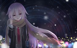 Rule 34 | 1girl, ahoge, backlighting, bad id, bad pixiv id, bag, brown scarf, crying, crying with eyes open, duffel bag, echj, highres, ia (vocaloid), long hair, looking at viewer, necktie, night, night sky, pink eyes, pink hair, red necktie, scarf, sky, solo, star (sky), starry sky, tears, uniform, vocaloid, winter