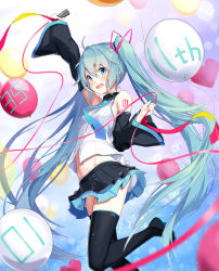 Rule 34 | 1girl, 39, :d, animal ears, aqua hair, arm up, bad id, bad nicoseiga id, balloon, bare shoulders, black footwear, black skirt, blue background, blue eyes, blue necktie, blush, boots, breasts, collared shirt, commentary request, detached sleeves, gradient background, hair between eyes, hair ornament, happy birthday, hatsune miku, heart, highres, holding, holding microphone, layered skirt, long hair, long sleeves, microphone, navel, necktie, number tattoo, open mouth, ribbon, shirt, shoulder tattoo, skirt, small breasts, smile, solo, standing, standing on one leg, takanashi kei (hitsujikan), tattoo, thigh boots, thighhighs, twintails, very long hair, vocaloid, white shirt, wide sleeves, wing collar