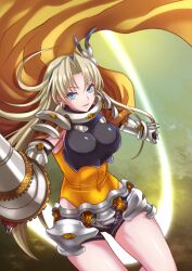 Rule 34 | 1girl, arms arc, bare legs, blonde hair, blue eyes, breasts, clenched hand, commission, covered navel, gauntlets, holding, holding polearm, holding weapon, lance, large breasts, long hair, looking at viewer, polearm, rance (series), skeb commission, smile, solo, weapon, yakou (mofumofu117117)