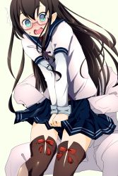 Rule 34 | 10s, 1girl, admiral (kancolle), black hair, blue eyes, blush, covering privates, covering crotch, glasses, groping, ishikkoro, kantai collection, long hair, molestation, ooyodo (kancolle), open mouth, pleated skirt, ribbon-trimmed legwear, ribbon trim, school uniform, skirt, solo focus, surprised, thighhighs, zettai ryouiki