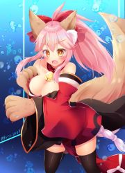 Rule 34 | 1girl, animal ear fluff, animal ears, animal hands, bare shoulders, bell, black legwear, blush, breasts, cat paws, cleavage, collar, collarbone, detached sleeves, fangs, fate/extra, fate/grand order, fate (series), fox ears, fox girl, fox tail, gloves, hair ribbon, hiiro yuya, japanese clothes, jingle bell, kimono, long hair, neck bell, open mouth, paw gloves, paw shoes, pink hair, pixiv username, ponytail, red kimono, red ribbon, ribbon, shoes, tail, tamamo (fate), tamamo cat (fate), tamamo cat (first ascension) (fate)