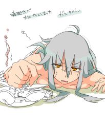 Rule 34 | 10s, 1girl, alarm clock, breasts, clock, crushing, gangut (kancolle), grey hair, kantai collection, kenji (8zidayo), large breasts, long hair, looking at viewer, on bed, orange eyes, simple background, solo, translation request, underwear