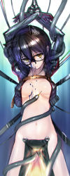 Rule 34 | 1girl, absurdres, arms up, black-framed eyewear, black hair, bound, bound arms, breasts, breasts apart, c-string, cable, commentary request, glasses, hair between eyes, hayami yuujirou, highres, hololive, impossible clothes, ink, looking at viewer, mechanical arms, medium breasts, navel, roboco-san, roboco-san (1st costume), short hair, sketch, solo, strapless bottom, virtual youtuber, yellow eyes