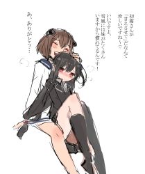 Rule 34 | 2girls, agtt25333, black legwear, blush, brown hair, hair between eyes, hand on another&#039;s head, hatsushimo (kancolle), highres, kantai collection, long hair, long sleeves, low-tied long hair, multiple girls, open mouth, red eyes, short hair, sitting, sitting on lap, sitting on person, sketch, smile, translation request, very long hair, white background, yukikaze (kancolle), yuri
