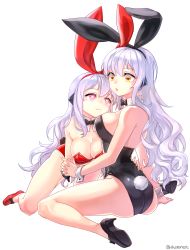 Rule 34 | 2girls, aken, animal ears, bow, bowtie, breasts, character request, cleavage, detached collar, elsword, eve (elsword), fake animal ears, high heels, highres, leotard, long hair, multiple girls, playboy bunny, rabbit ears, rabbit tail, red eyes, sitting, tail, wariza, white hair, wrist cuffs, yellow eyes