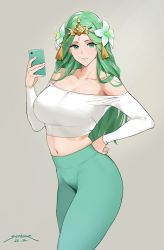 Rule 34 | 1girl, 2020, bare shoulders, blush, breasts, cellphone, circlet, cleavage, collarbone, contemporary, dated, female focus, fire emblem, fire emblem: three houses, flower, green eyes, green hair, green pants, hair flower, hair ornament, high-waist pants, highres, holding, holding phone, large breasts, long hair, long sleeves, looking at viewer, matching hair/eyes, midriff, navel, nintendo, off-shoulder shirt, off shoulder, pants, parted bangs, phone, rhea (fire emblem), sendo (sendrawz), shirt, smile, solo, standing, thighs, white shirt, yoga