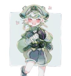 Rule 34 | 1girl, ^ ^, belt, blush, brooch, cape, chenchihui, closed eyes, facing viewer, flower (symbol), foot out of frame, gloves, green cape, green hair, green headwear, green jacket, green shorts, grey background, helmet, highres, holding, jacket, jewelry, leg up, long sleeves, made in abyss, multicolored hair, open mouth, pouch, prushka, puffy shorts, shoes, short hair, shorts, smile, solo, standing, standing on one leg, streaked hair, two-tone hair, white gloves, white hair