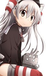 Rule 34 | 10s, 1girl, amatsukaze (kancolle), blush, brown eyes, choker, dress, kantai collection, long hair, miyako hito, o o, personification, red thighhighs, rensouhou-kun, sailor dress, short dress, silver hair, simple background, sitting, striped clothes, striped thighhighs, thighhighs, white background, zettai ryouiki