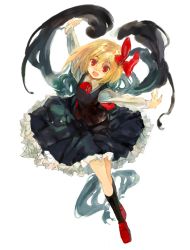 Rule 34 | 1girl, :d, blonde hair, collar, collared shirt, darkness, frilled skirt, frills, full body, hair ornament, hair ribbon, highres, konabetate, loafers, long sleeves, looking at viewer, looking up, neck ribbon, open mouth, outstretched arms, red eyes, red footwear, ribbon, rumia, sanpaku, shirt, shoes, short hair, simple background, skirt, skirt set, sleeveless, sleeveless shirt, smile, socks, solo, touhou, white background