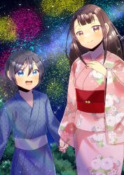 Rule 34 | 1boy, 1girl, :d, aerial fireworks, black hair, blue eyes, blue kimono, blush, breasts, brown eyes, brown hair, closed mouth, commentary request, commission, fireworks, floral print, hand up, holding hands, japanese clothes, kimono, kou hiyoyo, long hair, long sleeves, night, night sky, obi, open mouth, original, outdoors, pink kimono, print kimono, sash, skeb commission, sky, small breasts, smile, wide sleeves