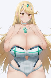 Rule 34 | 1girl, absurdres, areola slip, blonde hair, blush, breasts, breasts squeezed together, choker, cowboy shot, eyelashes, grey background, grey leotard, hairband, hands up, highres, hip vent, huge breasts, large areolae, leotard, mythra (xenoblade), nayutayutautau, official alternate costume, plump, pout, skindentation, solo, swept bangs, thick thighs, thighs, xenoblade chronicles (series), xenoblade chronicles 2, yellow eyes