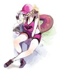 1girl, alternate costume, alternate hairstyle, asacoco, bag, bag charm, bare legs, bare shoulders, baseball cap, blonde hair, braid, breasts, casual, charm (object), cleavage, collarbone, commentary request, crop top, day, dragon girl, dragon horns, dragon tail, from above, full body, grass, gym shorts, hand up, hat, heavy breathing, highlights, highres, holding, holding clothes, holding hat, hololive, horns, isuka, kiryuu coco, large breasts, looking away, looking over eyewear, looking over glasses, multicolored hair, orange-tinted eyewear, orange-tinted glasses, orange hair, outdoors, panty straps, pink crop top, pink headwear, pink shirt, pink shorts, pointy ears, ponytail, print shirt, scales, shirt, shoes, shorts, signature, single braid, sitting, solo, streaked hair, sunglasses, sweat, tail, tied hair, tinted eyewear, virtual youtuber, wristband
