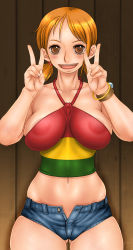 Rule 34 | 1girl, areola slip, bare shoulders, blonde hair, blush, bracelet, breasts, brown eyes, female focus, happy, highres, hip focus, jewelry, large breasts, legs, looking at viewer, midriff, nami (one piece), navel, one piece, one piece: strong world, open mouth, orange hair, sakuradou, shirt, short hair, short shorts, shorts, smile, solo, standing, striped clothes, striped shirt, thighs, twintails, v