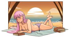Rule 34 | 1girl, archonaed, ass, beach, bikini, blush, book, braid, breasts, cleavage, collarbone, commission, commissioner upload, embarrassed, female focus, fire emblem, fire emblem: the binding blade, fire emblem heroes, french braid, highres, long hair, looking at viewer, lying, matching hair/eyes, medium breasts, nintendo, ocean, on stomach, purple bikini, purple eyes, purple hair, solo, sophia (fire emblem), sunbathing, sunset, swimsuit, the pose, very long hair