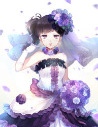 Rule 34 | 10s, 1girl, alternate hairstyle, bare shoulders, black hair, blush, bouquet, breasts, bridal veil, bride, cowboy shot, dress, ekita kuro, eyebrows, flower, frilled dress, frills, hair flower, hair ornament, holding, holding bouquet, ichiko (osomatsu-san), lace, lace trim, light particles, looking at viewer, makeup, motion blur, osomatsu-san, osomatsu (series), parted lips, petals, purple eyes, purple flower, purple rose, rose, side ponytail, small breasts, solo, strapless, strapless dress, tucking hair, veil, wedding dress, white background, white dress