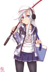 Rule 34 | 1girl, black pantyhose, blue eyes, camouflage, collarbone, commentary request, cooler, dated, earmuffs, fishing rod, hat, hibiki (kancolle), highres, holding, jacket, kanon (kurogane knights), kantai collection, long hair, looking at viewer, pantyhose, pleated skirt, scp foundation, silver hair, simple background, sketch, skirt, smile, solo, verniy (kancolle), white background