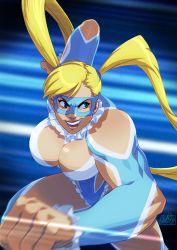 Rule 34 | 1girl, blonde hair, blue eyes, breasts, cleavage, clothing cutout, commission, dashing, elbow cutout, frills, hair pulled back, highres, large breasts, leotard, long hair, mask, muscular, muscular female, open mouth, rainbow mika, shoulder cutout, solo, street fighter, street fighter v, teeth, tovio rogers, twintails, wrestling outfit