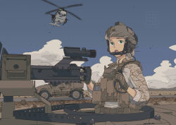 Rule 34 | 1girl, aircraft, assault rifle, blue sky, browning m2, camouflage, convoy, dated, desert camouflage, etmc1992, gun, heavy machine gun, helicopter, highres, load bearing vest, machine gun, military, military vehicle, motor vehicle, original, oshkosh m-atv, radio, rifle, road, scope, sky, tactical clothes, uh-1 iroquois, united states marine corps, weapon, wind