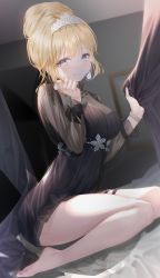 Rule 34 | 1girl, absurdres, barefoot, black dress, blonde hair, blue eyes, breasts, dress, earrings, formal, gem, grin, hair bun, highres, hololive, hololive english, jewelry, long hair, mole, mole on breast, necklace, official alternate costume, pola (1021), see-through, see-through dress, see-through sleeves, single hair bun, sitting, smile, solo, thigh strap, tiara, virtual youtuber, watson amelia, watson amelia (party dress)