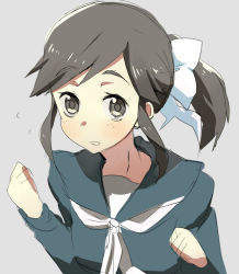 Rule 34 | 1girl, bad hands, blush, bow, brown eyes, brown hair, clenched hands, ecocube, eka eri, flying sweatdrops, grey background, hair bow, long sleeves, looking at viewer, love plus, neckerchief, ponytail, school uniform, serafuku, sidelocks, simple background, solo, swept bangs, takane manaka, tareme, upper body, white bow, white neckerchief