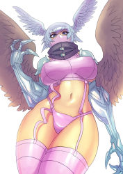 Rule 34 | 1girl, armor, belt, claws, curvy, digimon, harpy, head wings, highres, looking at viewer, maniacpaint, monster girl, navel, revealing clothes, scarf, shiny skin, shutumon, simple background, solo, thong, white background, wide hips, wings