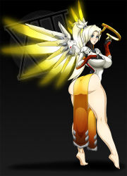 Rule 34 | 1girl, ass, blonde hair, blue eyes, bodysuit, breasts, curvy, glowing, glowing winds, headgear, highres, huge ass, large breasts, looking at viewer, mercy (overwatch), overwatch, overwatch 1, short hair, short ponytail, solo, standing, thighhighs, wide hips, xiii