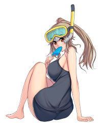 Rule 34 | 1girl, arm support, bare arms, bare legs, bare shoulders, barefoot, black one-piece swimsuit, breasts, brown hair, collarbone, eating, eyebrows, food, from behind, full body, goggles, goggles on head, ice cream, knees up, kouno (masao), large breasts, long hair, looking at viewer, looking back, one-piece swimsuit, orange eyes, original, ponytail, school swimsuit, sideboob, simple background, sitting, snorkel, solo, swimsuit, thighs, white background