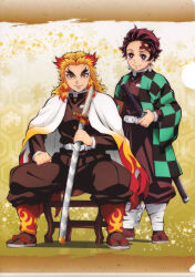 Rule 34 | 2boys, absurdres, blonde hair, brown hair, brown jacket, brown pants, chibi, closed mouth, eating, fighting stance, full body, highres, jacket, kamado tanjirou, katana, kimetsu no yaiba, kimetsu no yaiba hinokami keppuutan, light frown, long sleeves, looking at viewer, male focus, medium hair, multicolored hair, multiple boys, official art, open clothes, orange eyes, pants, puffy pants, ready to draw, red eyes, rengoku kyoujurou, scan, scar, scar on face, scar on forehead, sheath, sheathed, simple background, solo, standing, sword, v-shaped eyebrows, weapon, white background, wide sleeves, yellow eyes