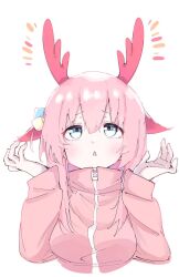 Rule 34 | 1girl, :o, ^^^, antler ornament, antlers, arms up, artist request, blue eyes, bocchi the rock!, female focus, gotoh hitori, hair ornament, horns, long sleeves, looking up, pink hair, pink track suit, simple background, solo, source request, upper body, white background, zipper pull tab