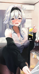 Rule 34 | 1girl, absurdres, b-shi, bedroom, beer can, black bra, black pantyhose, black skirt, blazer, blue hair, blush, book, bra, breasts, button gap, can, cleavage, clock, crying, crying with eyes open, curtains, drink, drink can, drunk, eula (genshin impact), genshin impact, hairband, highres, indoors, jacket, lamp, large breasts, long sleeves, off shoulder, office lady, open mouth, pantyhose, sad, see-through, skirt, solo, tears, underwear