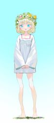 Rule 34 | 1girl, bare legs, barefoot, blonde hair, blue eyes, blush, commentary, dress, flower wreath, full body, gradient background, head wreath, highres, kaede (shijie heping), looking at viewer, open mouth, original, own hands together, short hair, sketch, sleeves past wrists, smile, solo, white dress, wide sleeves, wreath