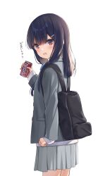 Rule 34 | 1girl, :o, arm at side, backpack, bag, black bag, black hair, blazer, blush, brown eyes, can, commentary, cowboy shot, from side, grey jacket, grey skirt, hair ornament, hairclip, hand up, highres, holding, holding can, jacket, long hair, long sleeves, looking at viewer, na-ga, open mouth, original, school uniform, simple background, skirt, sleeves past wrists, solo, standing, translated, white background