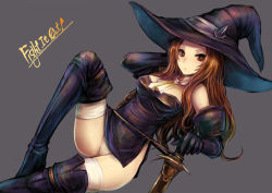 Rule 34 | 1girl, artdink, blush, boots, breasts, brown eyes, brown hair, hat, kara (color), legs, long hair, lying, panties, solo, sword, tactics ogre, thigh boots, thighhighs, underwear, weapon, white panties, witch (tactics ogre), witch hat