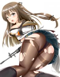 Rule 34 | 1girl, artist request, ass, assault rifle, blush, boots, breasts, brown eyes, brown hair, cameltoe, embarrassed, fingerless gloves, from behind, girls&#039; frontline, gloves, gun, hair ornament, hairclip, highres, k2 (girls&#039; frontline), large breasts, long hair, looking at viewer, open mouth, panties, panties under pantyhose, pantyhose, rifle, shiny skin, side ponytail, sideboob, skirt, solo, sweatdrop, torn clothes, torn pantyhose, underwear, upskirt, weapon
