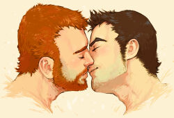 Rule 34 | 2boys, bad id, bad tumblr id, bara, beard, beard stubble, brad melnick, brown hair, closed eyes, coming out on top, couple, cropped head, face-to-face, facial hair, from side, imminent kiss, male focus, mark matthews, mature male, multiple boys, mustache stubble, orange hair, profile, rumlockerart, short hair, smile, sparse stubble, stubble, thick beard, thick eyebrows, yaoi
