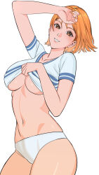 Rule 34 | 1girl, arm up, bare arms, breasts, brown eyes, clothes lift, collarbone, commentary, cowboy shot, hand to head, highres, large breasts, looking at viewer, midriff, nami (one piece), navel, one piece, orange hair, orange nails, panties, parted lips, shirt, shirt lift, short hair, short sleeves, smile, solo, thighs, underboob, underwear, uukkaa, white background, white panties, white shirt