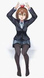 Rule 34 | 1girl, arms up, black pantyhose, blue ribbon, blue skirt, blush, breasts, brown eyes, brown hair, commentary request, food, food on head, full body, hair ornament, highres, hirasawa yui, k-on!, layered sleeves, long sleeves, looking at viewer, neck ribbon, no shoes, object on head, open mouth, pantyhose, pleated skirt, ribbon, round teeth, school uniform, shirt, short hair, sitting, skirt, smile, solo, tapioka (oekakitapioka), teeth, white background, white shirt