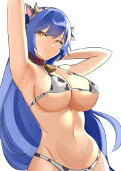 Rule 34 | 1girl, absurdres, animal ears, animal print, armpits, arms behind head, arms up, bell, bikini, blue hair, breasts, closed mouth, collar, commission, cow ears, cow horns, cow print, cowbell, fake animal ears, fake horns, girls&#039; frontline, highres, horns, large breasts, long hair, looking at viewer, navel, neck bell, pixiv commission, red collar, simple background, smile, solo, stomach, strap gap, swimsuit, tar-21 (girls&#039; frontline), tian kazuki, upper body, very long hair, white background, yellow eyes