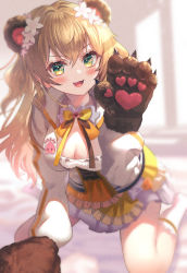 Rule 34 | 1girl, :d, animal ears, animal hands, bear ears, blonde hair, blurry, blurry background, blush, bow, bowtie, breasts, claws, cleavage, cleavage cutout, clothing cutout, commentary, cross-laced clothes, dodota, eyelashes, fake animal ears, flower, frilled skirt, frills, gradient hair, green eyes, hair between eyes, hair flower, hair ornament, hand up, heart, highres, hololive, indoors, kneehighs, kneeling, long hair, long sleeves, looking at viewer, medium breasts, miniskirt, momosuzu nene, multicolored hair, name tag, no shoes, open mouth, orange bow, orange bowtie, pink hair, puffy long sleeves, puffy sleeves, shaded face, shadow, sidelocks, skirt, smile, socks, solo, striped sleeves, symbol-only commentary, two side up, virtual youtuber, white socks