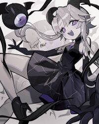Rule 34 | 122pxsheol, 1girl, :d, absurdres, borrowed character, commission, demon horns, dress, fang, greyscale, high heels, highres, horns, long hair, looking at viewer, monochrome, monster, open mouth, original, pointy ears, purple theme, signature, simple background, sleeveless, sleeveless dress, smile, solo, spot color, white background