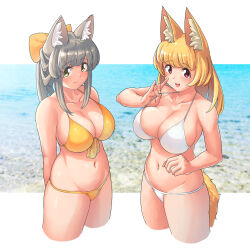 Rule 34 | 2girls, animal ear fluff, animal ears, arms behind back, arukiru, bare arms, bare shoulders, beach, bikini, blonde hair, blush, bow, breasts, cleavage, closed mouth, collarbone, cropped legs, grey hair, groin, hair bow, hand up, highres, large bow, large breasts, light blush, long hair, looking at viewer, multiple girls, navel, open mouth, original, outdoors, outside border, ponytail, pulled by self, red eyes, sidelocks, smile, standing, stomach, strap pull, string bikini, swimsuit, water, white bikini, yellow bikini, yellow bow, yellow eyes