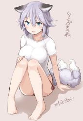 Rule 34 | 1girl, animal ears, aqua eyes, bad id, bad twitter id, barefoot, bikini, blush, breasts, dated, female focus, full body, highres, large breasts, looking at viewer, multiple tails, no panties, nosuku, open mouth, original, panties, purple hair, short hair, side-tie bikini bottom, simple background, sitting, sketch, skirt, solo, swimsuit, tail, translation request, underwear, white skirt