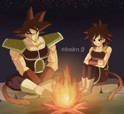 Rule 34 | 1boy, 1girl, armor, bad id, bad pixiv id, bardock, bare arms, bare shoulders, black eyes, black hair, boots, campfire, crossed legs, dark, dirty, dirty face, dragon ball, fire, frown, full body, gine, looking away, monkey boy, night, night sky, outdoors, pectorals, rock, scar, serious, short hair, sitting, sky, smile, spiked hair, star (sky), starry sky, tail, twitter username, wood, wristband