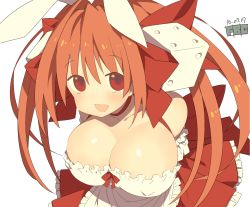 Rule 34 | 1girl, animal ears, bare shoulders, blush, bow, breasts, rabbit ears, cleavage, di gi charat, dice, dice hair ornament, dress, fbc, hair bow, large breasts, long hair, looking at viewer, pink eyes, pink hair, red eyes, ribbon, smile, solo, twintails, usada hikaru